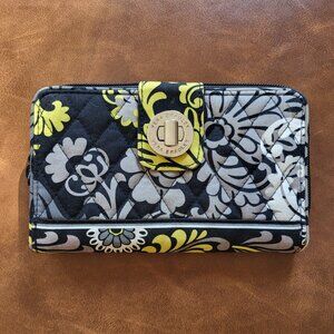 Vera Bradley Baroque Black Yellow Gray Turn Lock Quilted Zip Around Wallet